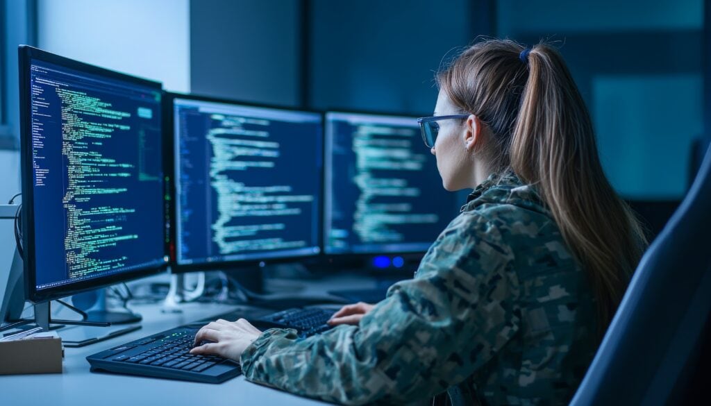 Female programmer coding on multiple monitors in a modern office.