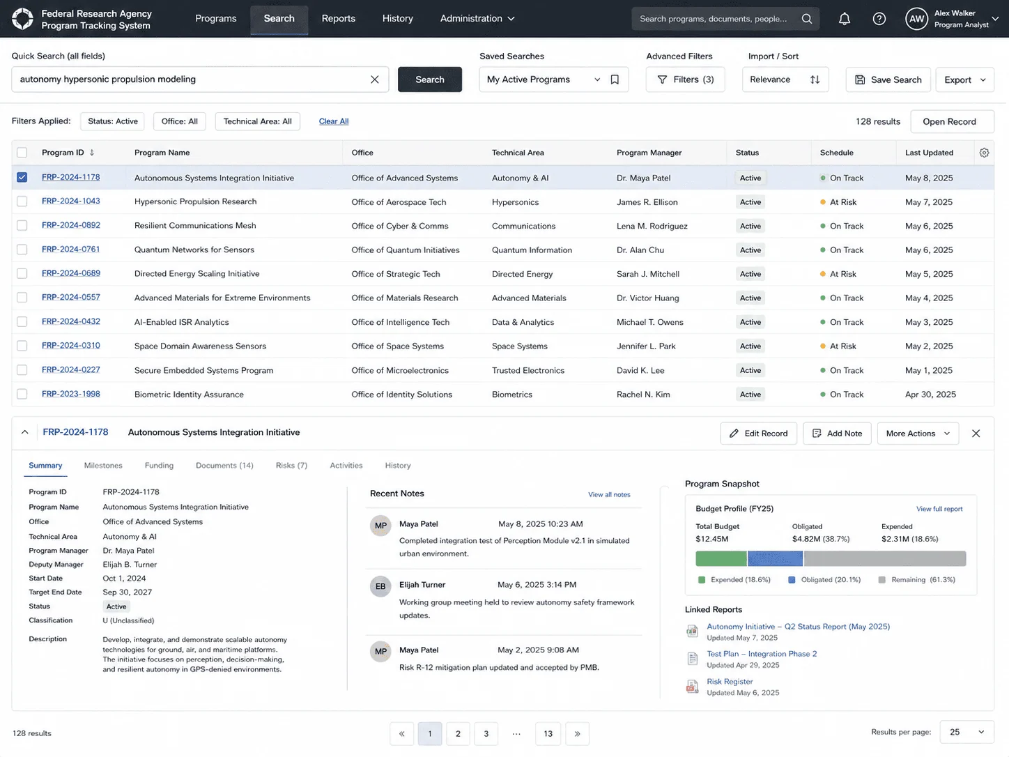 Screenshot of the federal research agency program tracking dashboard