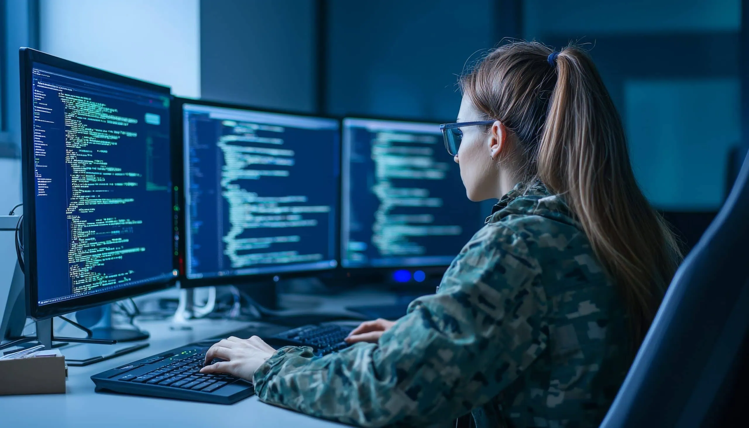 Female Programmer Coding on Multiple Monitors | i3solutions Female programmer coding on multiple monitors in a modern office.
