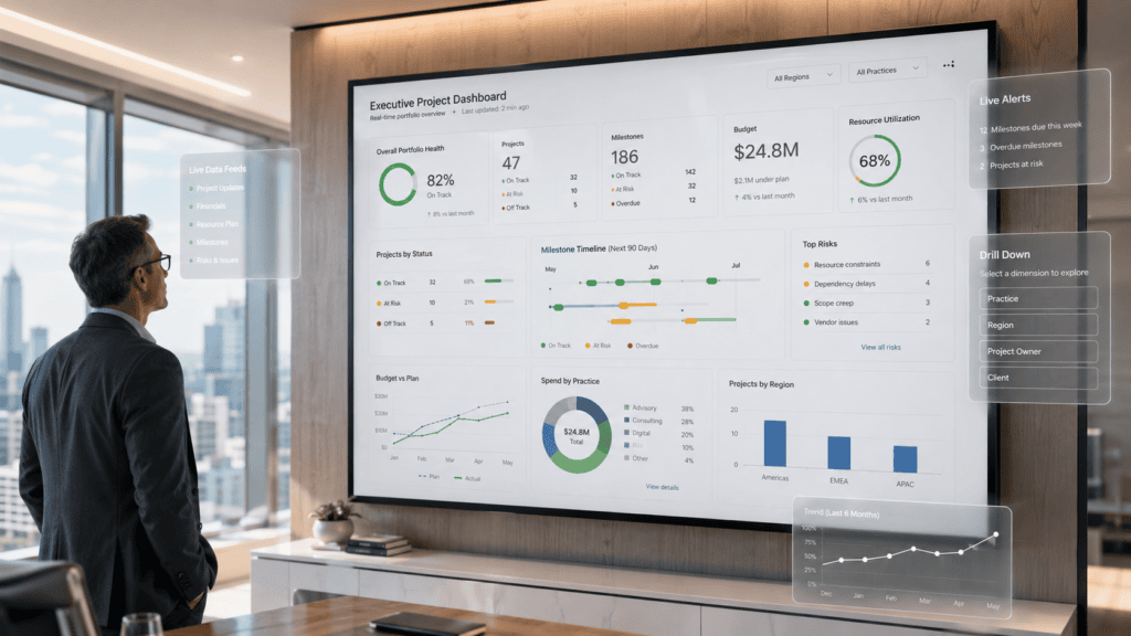 Businessman analyzing executive project dashboard on large screen in modern office.