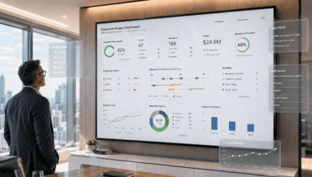 Businessman analyzing executive project dashboard on large screen in modern office.