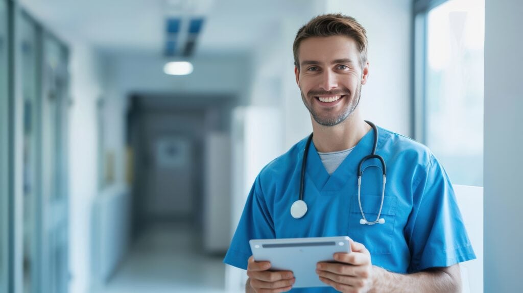Smiling male healthcare professional using a tablet in hospital corridor.
