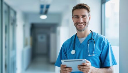 Smiling male healthcare professional using a tablet in hospital corridor.
