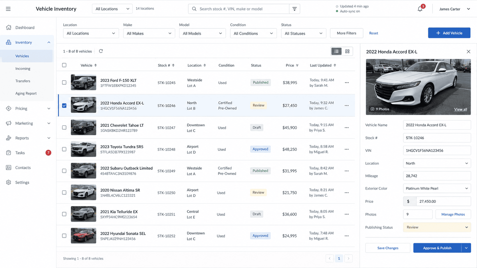 Screenshot of the real-time vehicle inventory management application