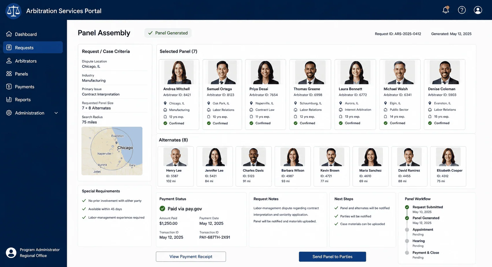 Screenshot of the arbitration case management system