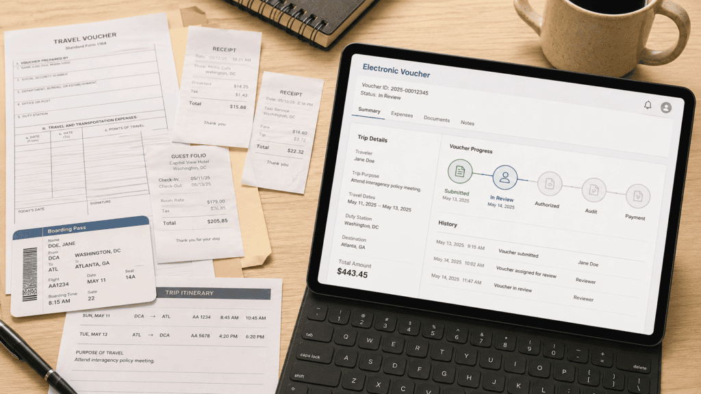 Digital travel voucher on tablet with receipts and travel documents.
