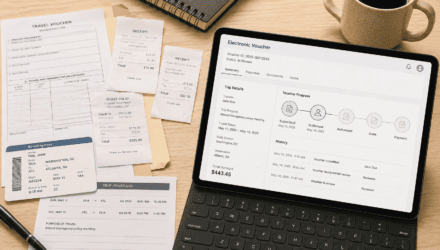 Digital travel voucher on tablet with receipts and travel documents.