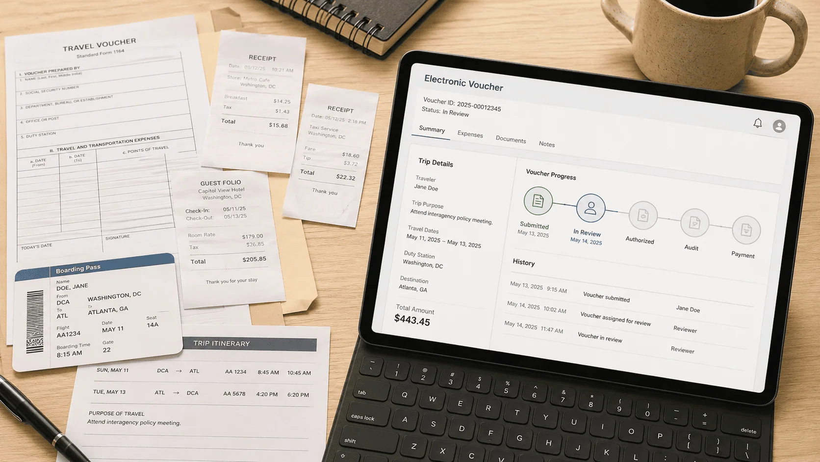 Digital Travel Voucher on Tablet with Receipts | i3solutions Digital travel voucher on tablet with receipts and travel documents.