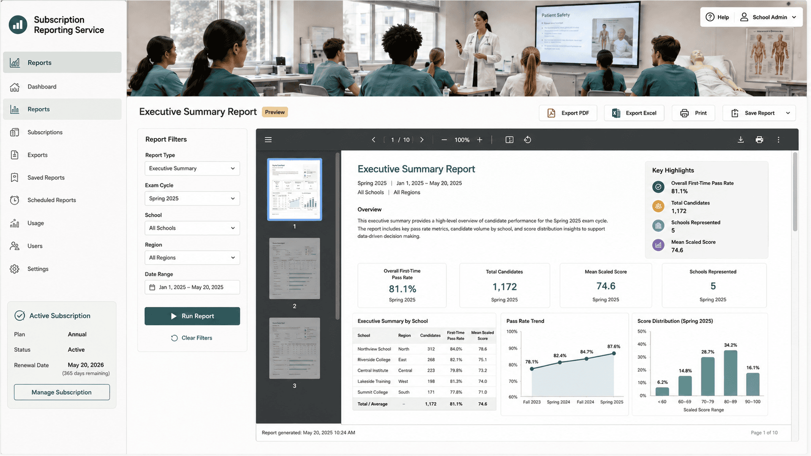 Screenshot of the subscription reporting service showing an executive summary report with exam pass rates