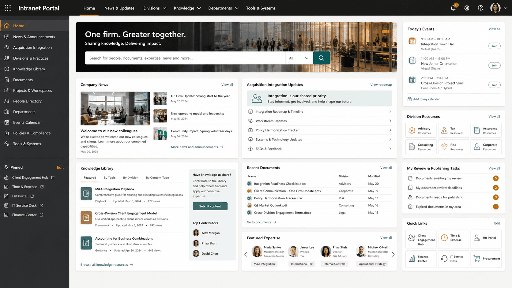 Screenshot of the SharePoint intranet portal showing acquisition integration updates and the knowledge library