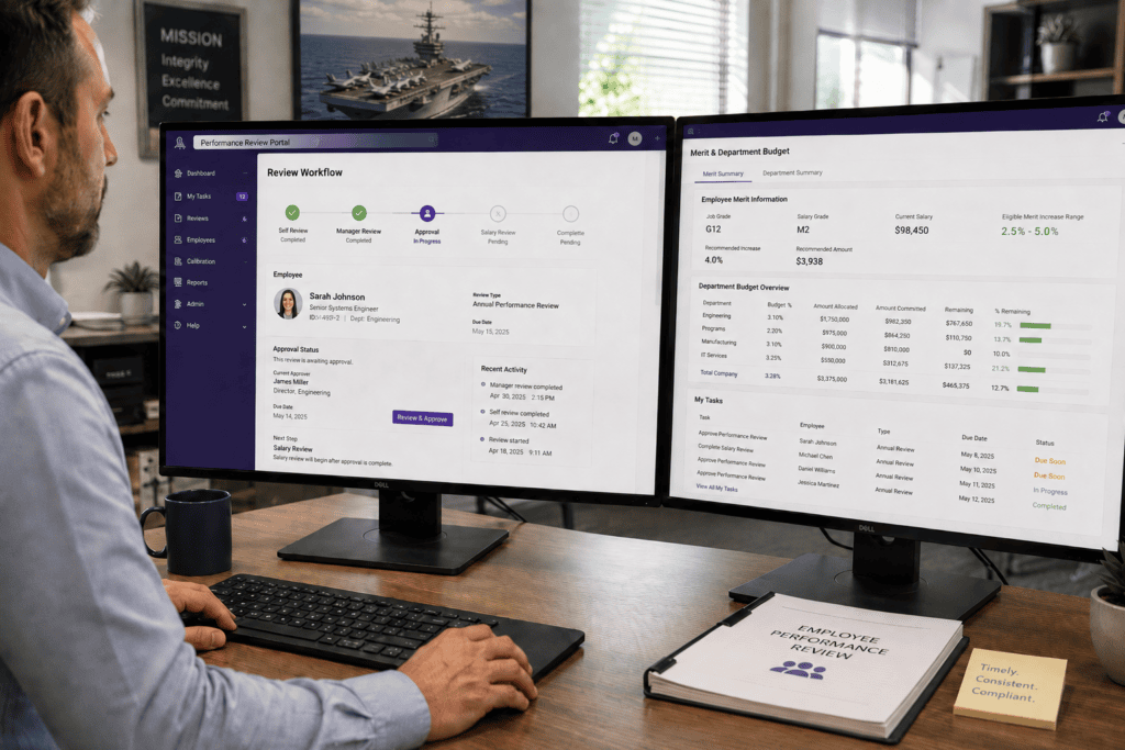 Business professional analyzing data on dual computer monitors at office desk.