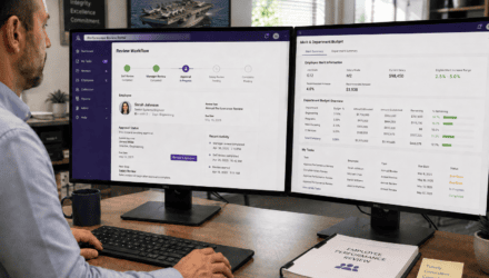 Business professional analyzing data on dual computer monitors at office desk.