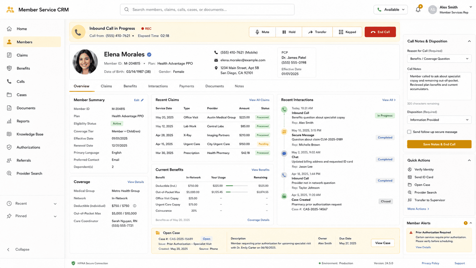 Screenshot of the Dynamics 365 client, claim, and call record dashboard