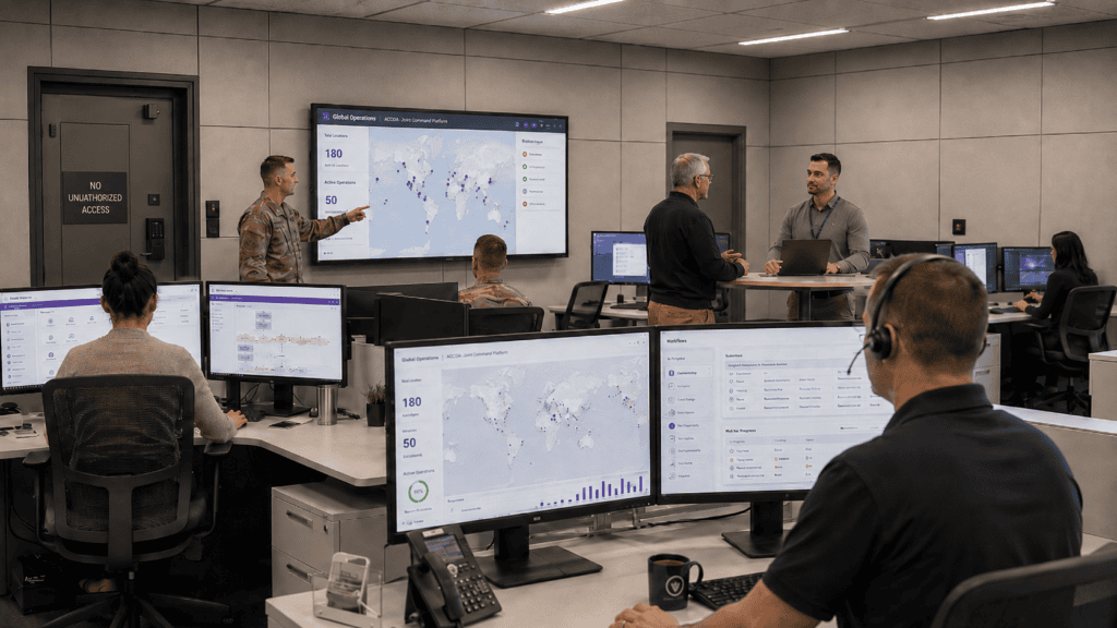 Team of professionals analyzing data on multiple computer screens in a control room.