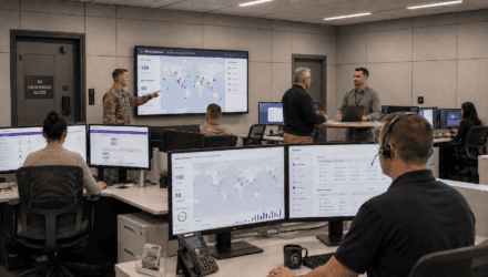 Team of professionals analyzing data on multiple computer screens in a control room.