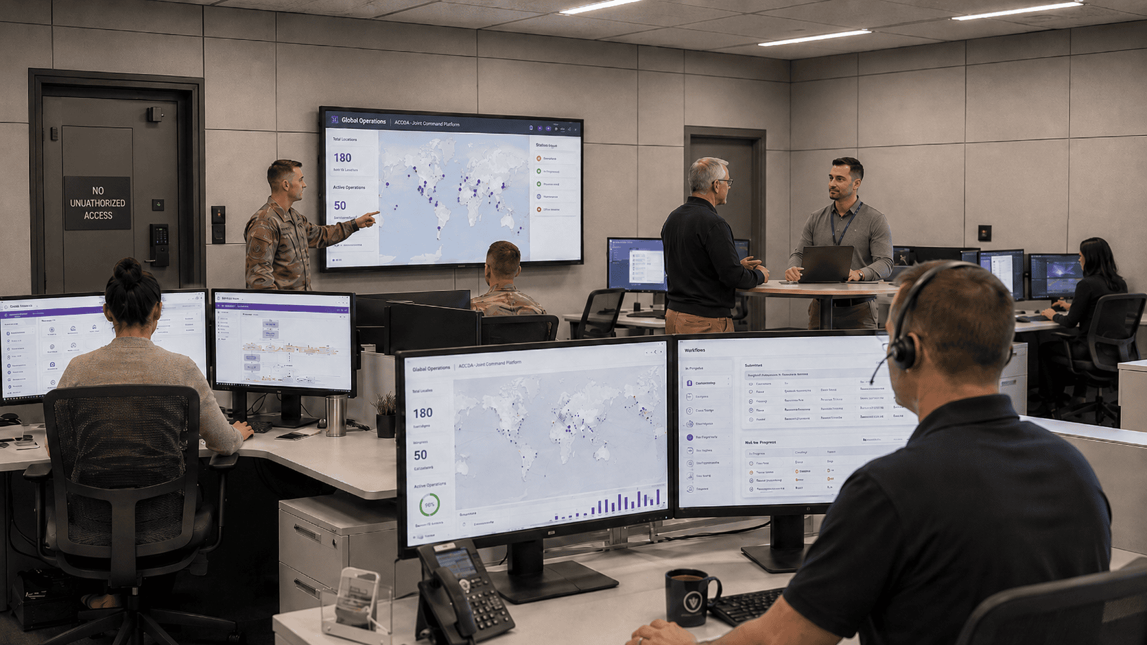 Team of Professionals Analyzing Data on Multiple | i3solutions Team of professionals analyzing data on multiple computer screens in a control room.