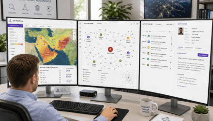 Person analyzing multiple data dashboards on triple monitor setup.