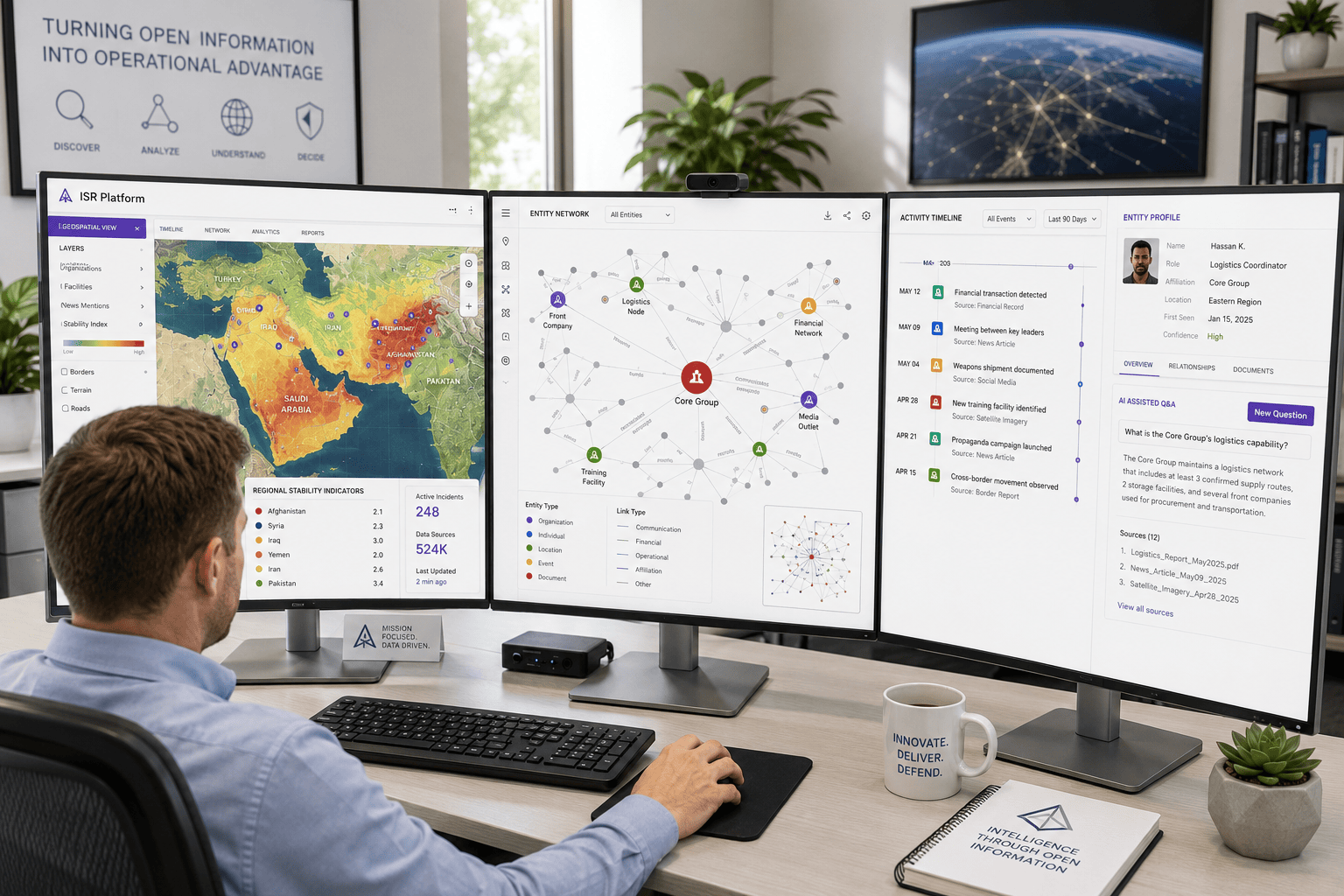 Person Analyzing Multiple Data Dashboards on Triple | i3solutions Person analyzing multiple data dashboards on triple monitor setup.