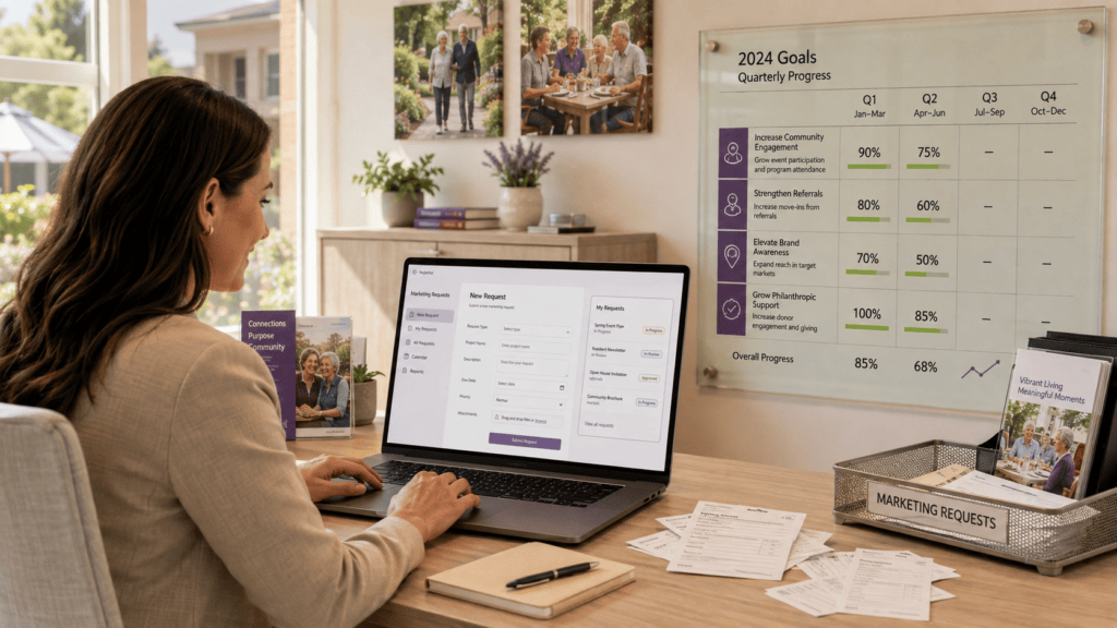 Businesswoman working on laptop with quarterly progress chart in background.