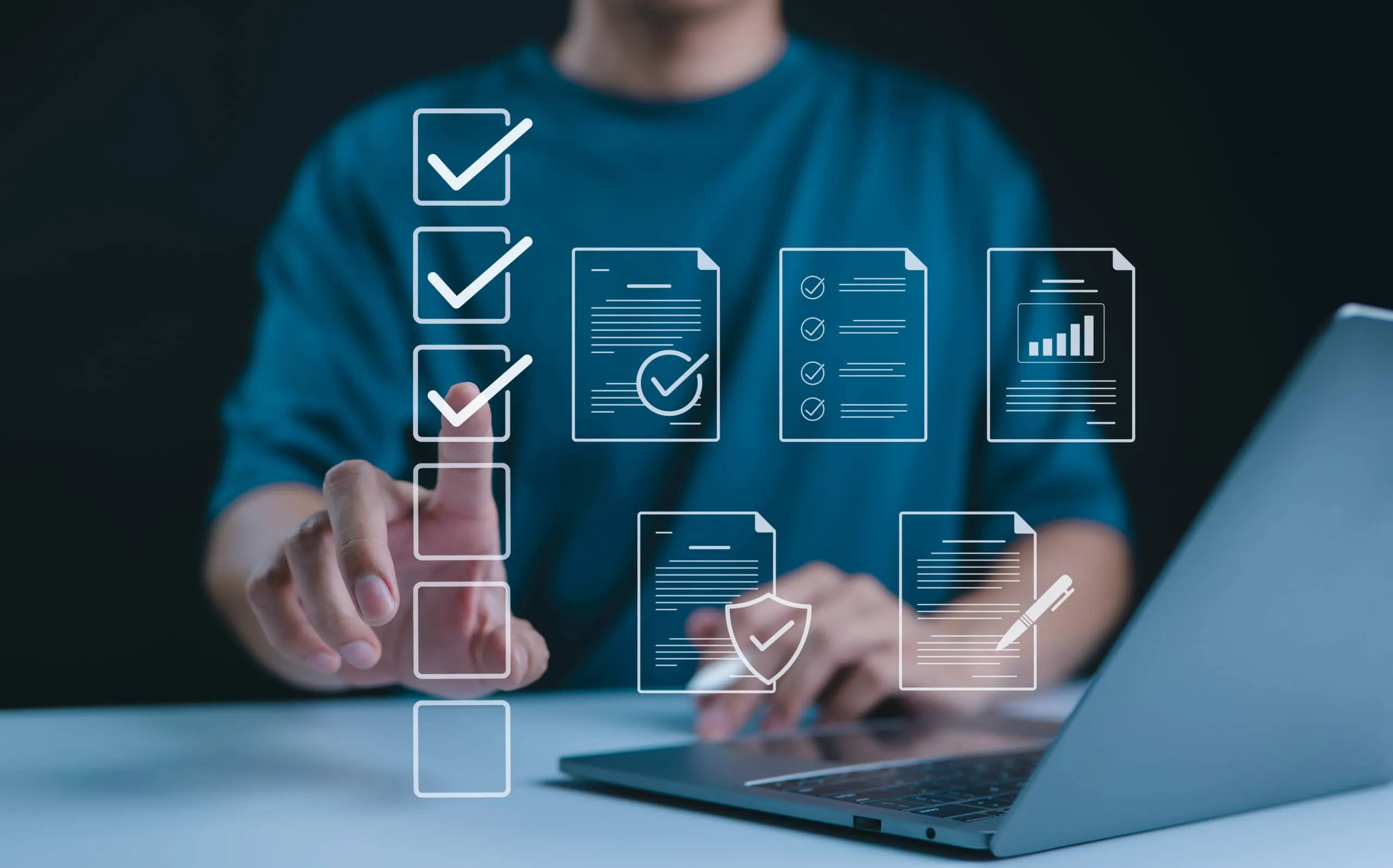 Business Person Using Digital Checklists and Data | i3solutions Business person using digital checklists and data analysis tools for project management.