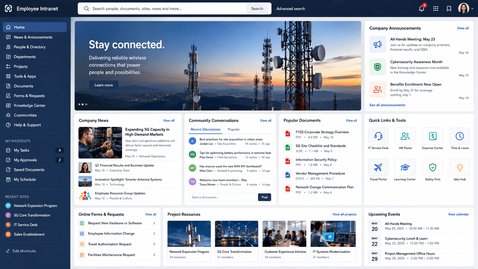 Screenshot of the redesigned employee intranet homepage for the wireless technology company