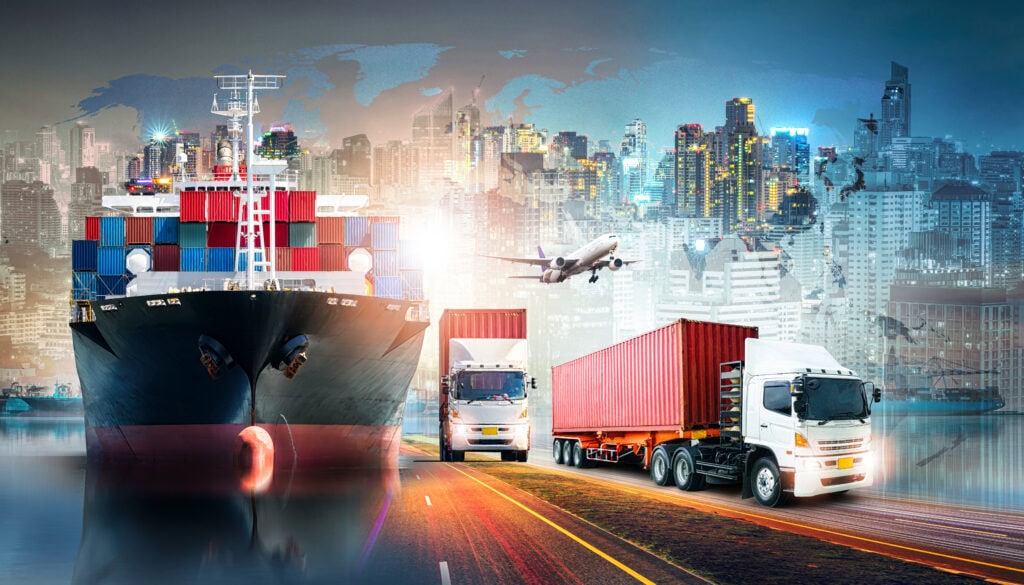Cargo ships, trucks, and planes in a busy global logistics scene.