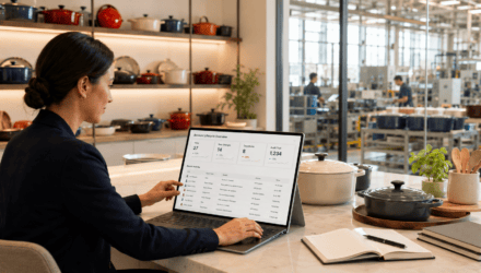Businesswoman Analyzing Data on a Laptop | i3solutions Businesswoman analyzing data on a laptop in a modern kitchen showroom.