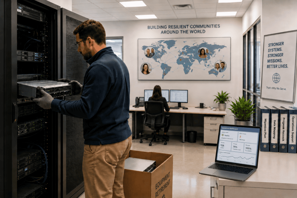 IT professional working in a data center with servers and monitors.