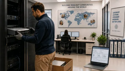 IT professional working in a data center with servers and monitors.