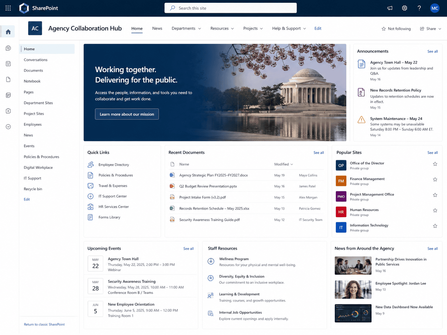 Screenshot of the migrated SharePoint intranet environment