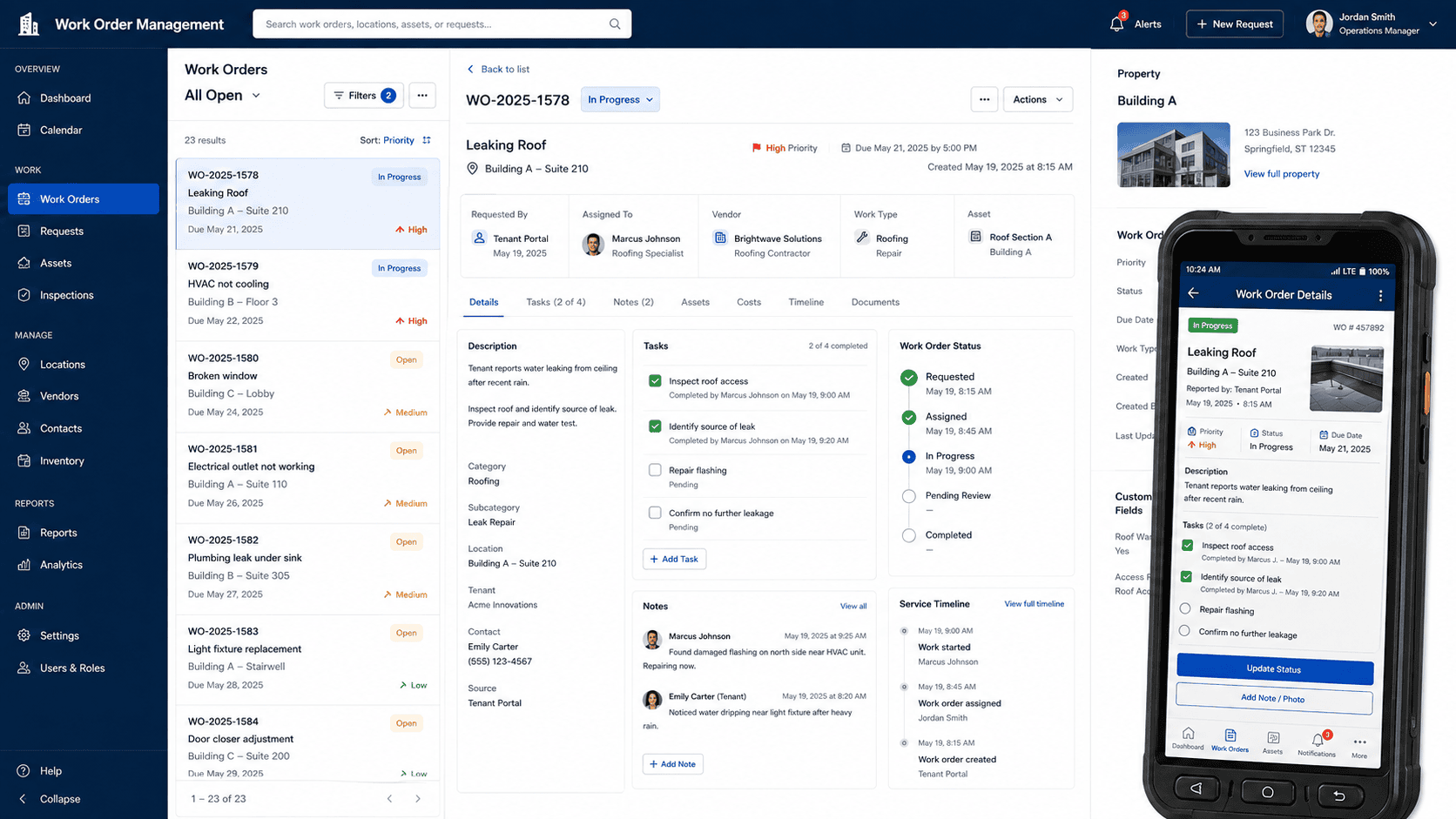 Screenshot of the cloud work order management system showing an in-progress maintenance work order