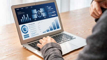 Business Person Analyzing Data on a Laptop | i3solutions Business person analyzing data on a laptop with charts and graphs.