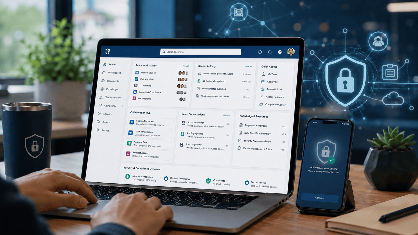 Business Person Using Cybersecurity Software on Laptop | i3solutions Business person using cybersecurity software on laptop and smartphone.