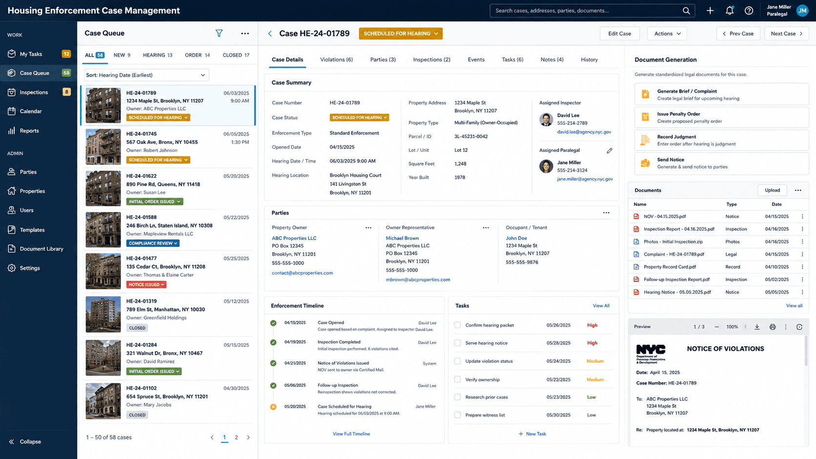 Screenshot of the housing enforcement case management system showing a case queue and enforcement timeline