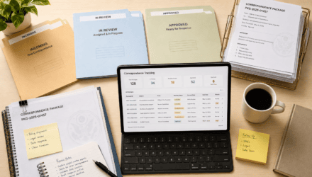 Business documents and tablet with correspondence tracking data.