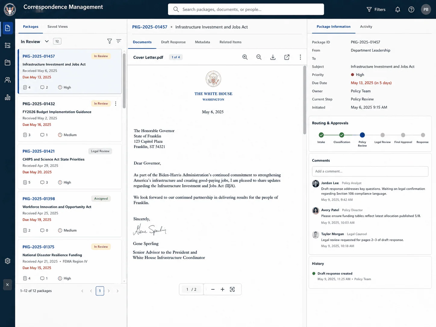 Screenshot of the correspondence workflow tracking dashboard