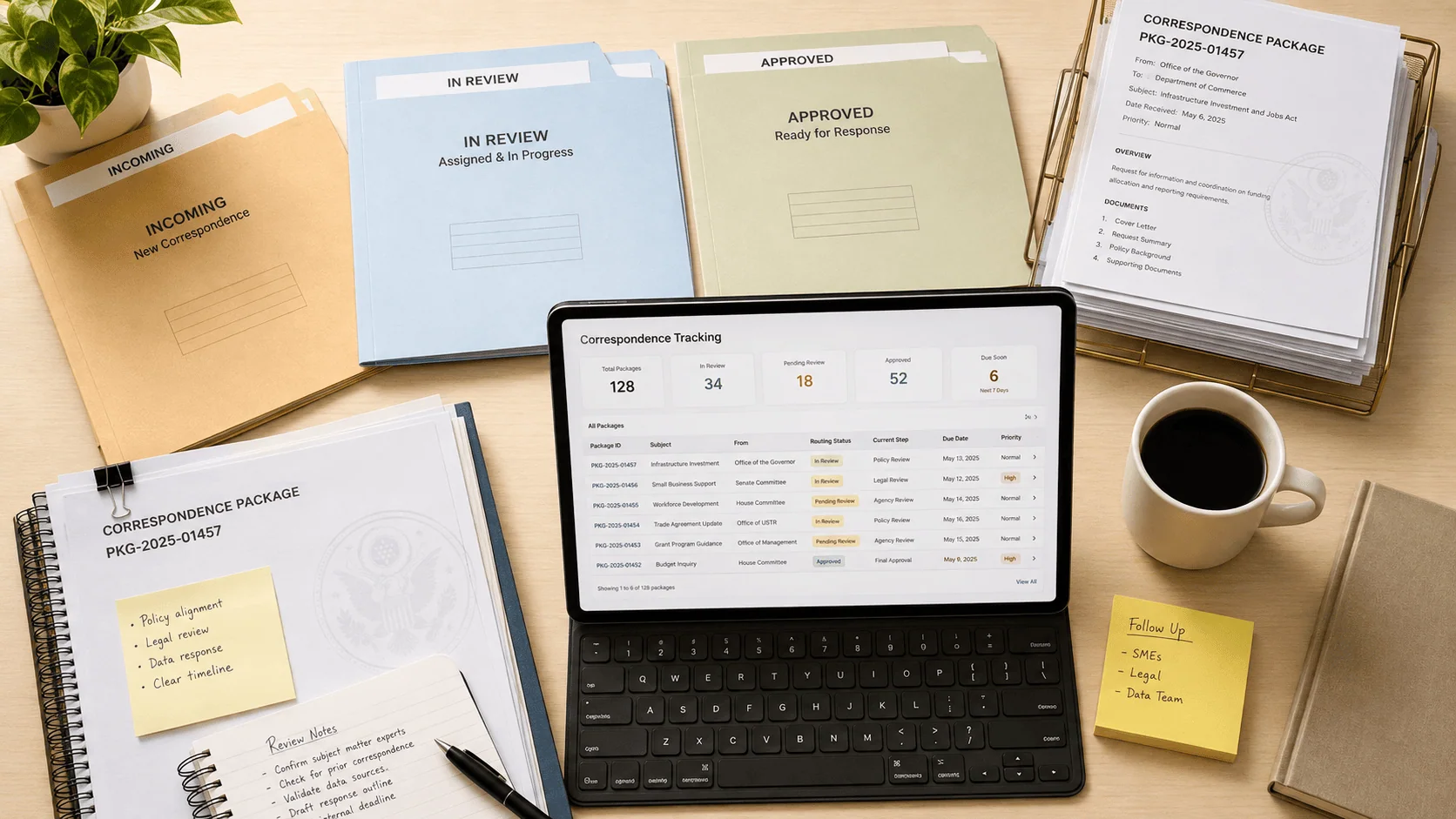 Business documents and tablet with correspondence tracking data.