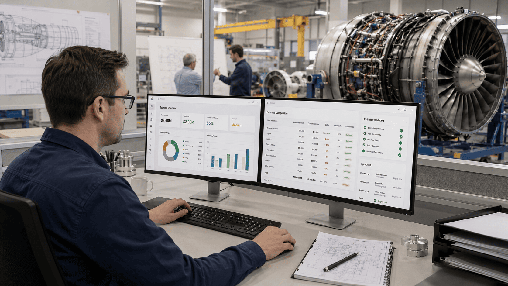 Engineer Analyzing Data on Dual Monitors | i3solutions Engineer analyzing data on dual monitors in an industrial engineering lab.