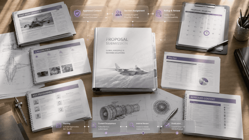 Business proposal documents and reports on a wooden desk with a model airplane.