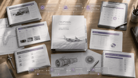 Business Proposal Documents and Reports | i3solutions Business proposal documents and reports on a wooden desk with a model airplane.