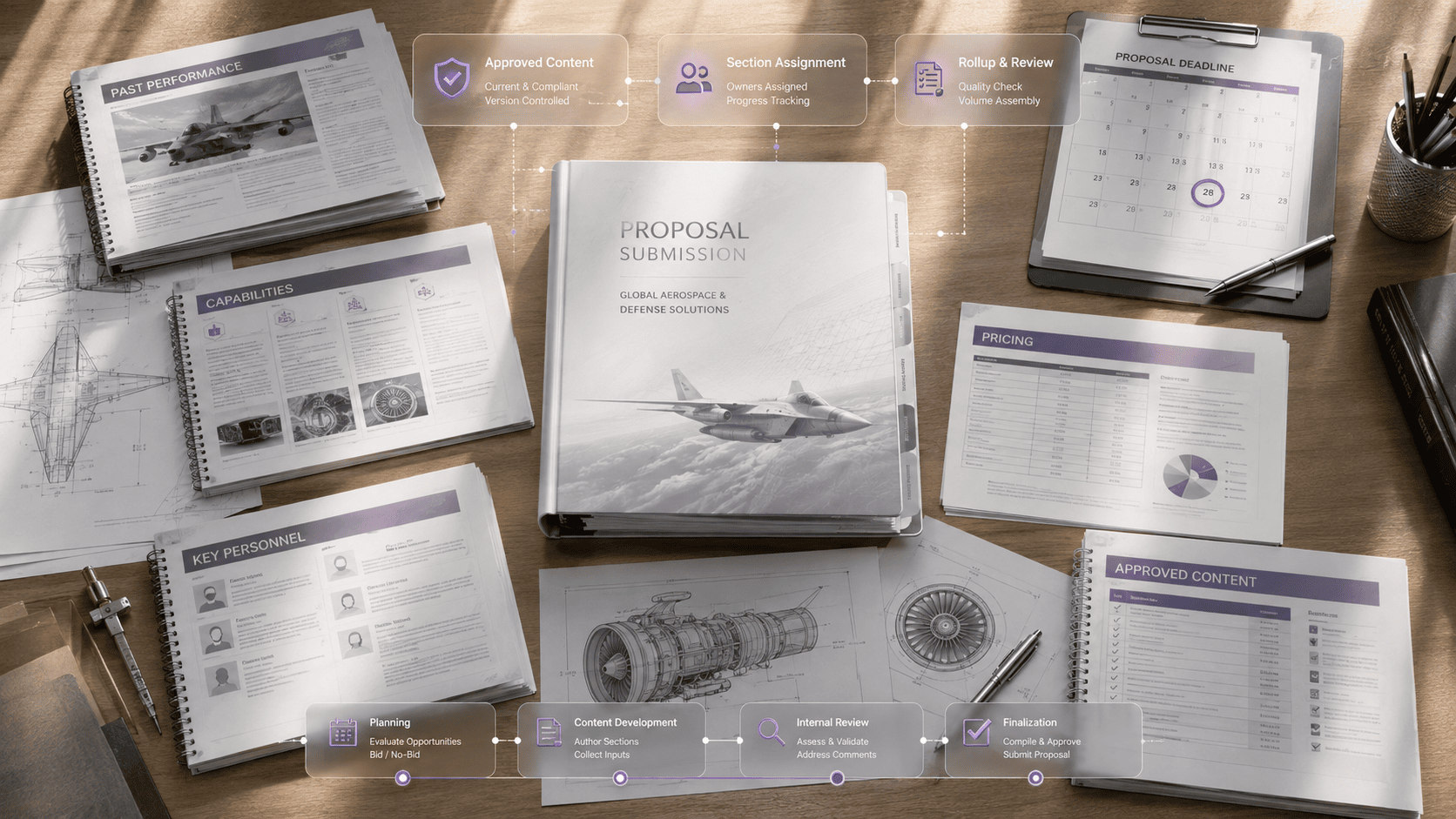 Business proposal documents and reports on a wooden desk with a model airplane.