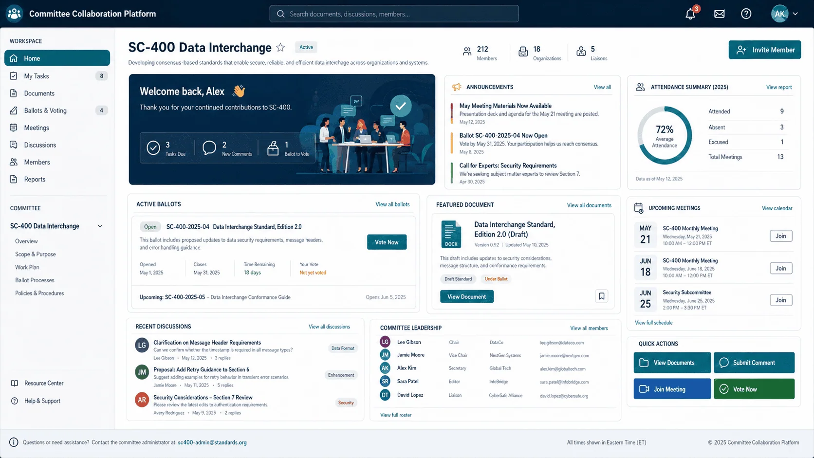 Screenshot of the committee collaboration platform showing active ballots and meetings