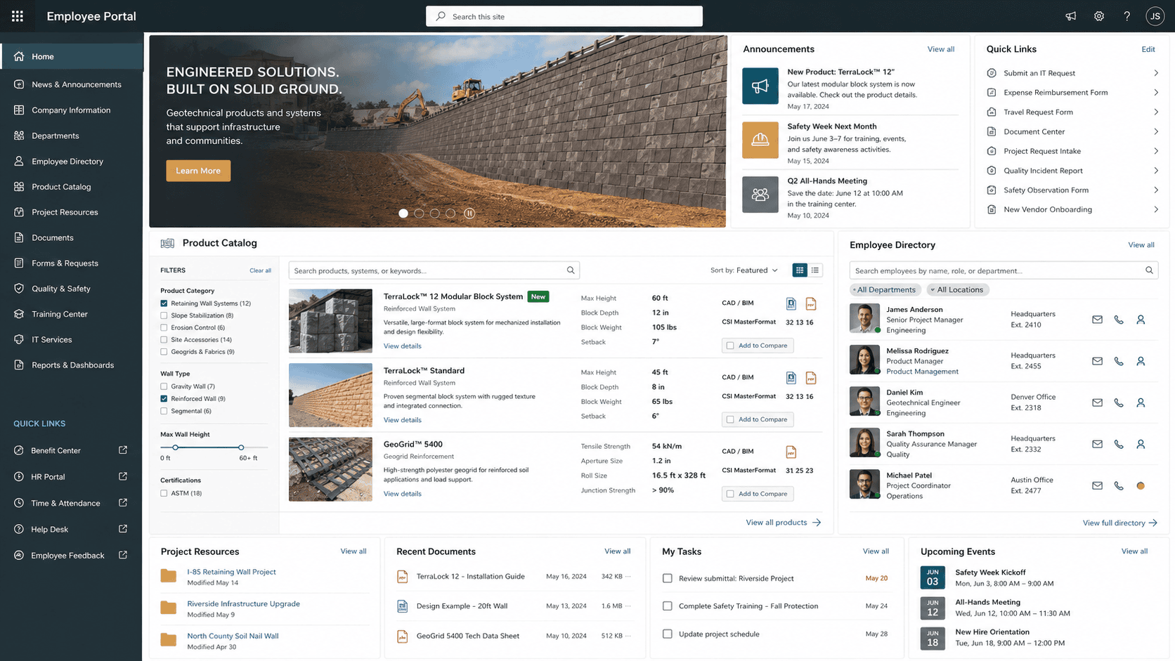 Screenshot of the employee portal showing the product catalog for retaining wall systems