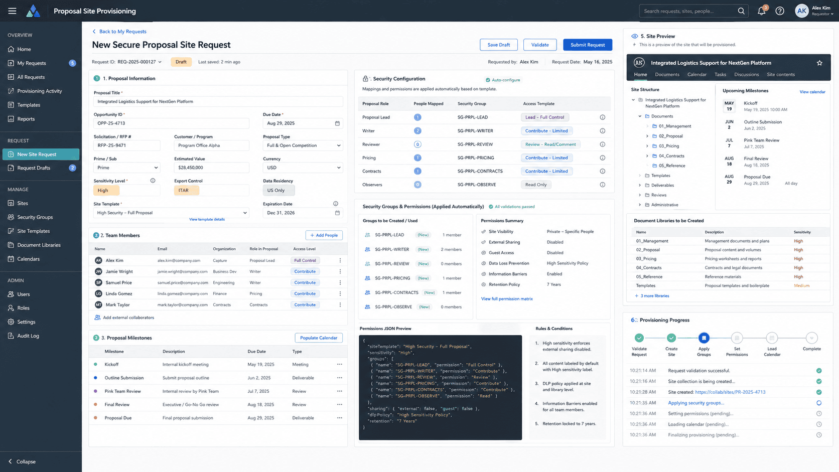 Screenshot of the self-service secure proposal site provisioning workflow