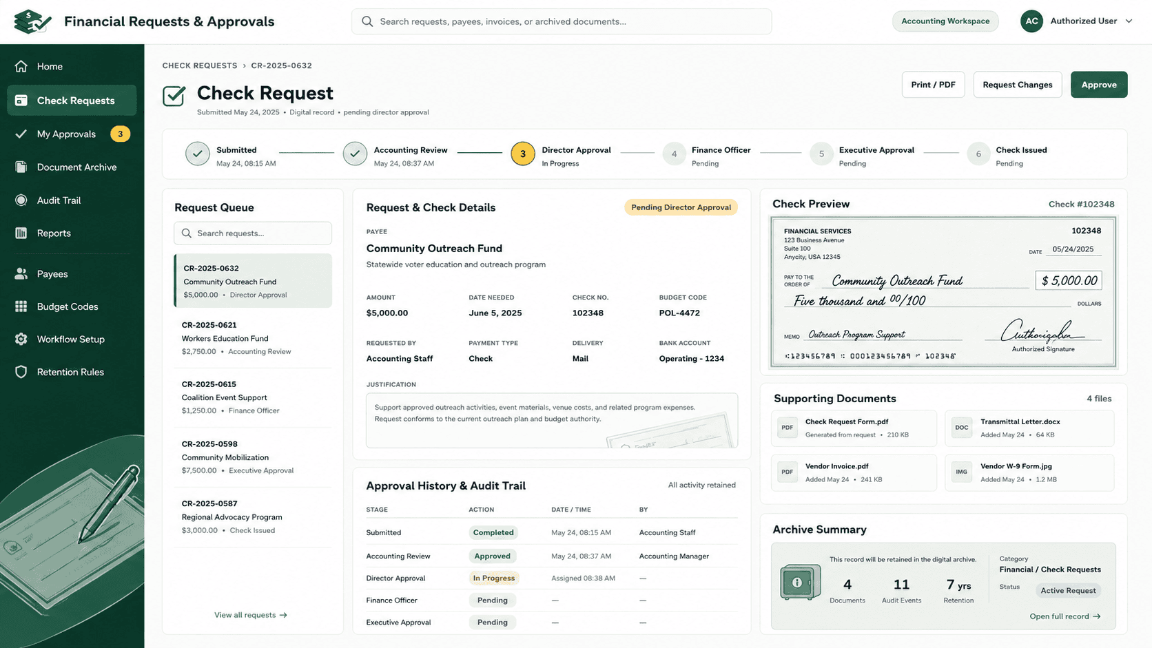 Screenshot of the check request approval workflow showing approval stages and a check preview
