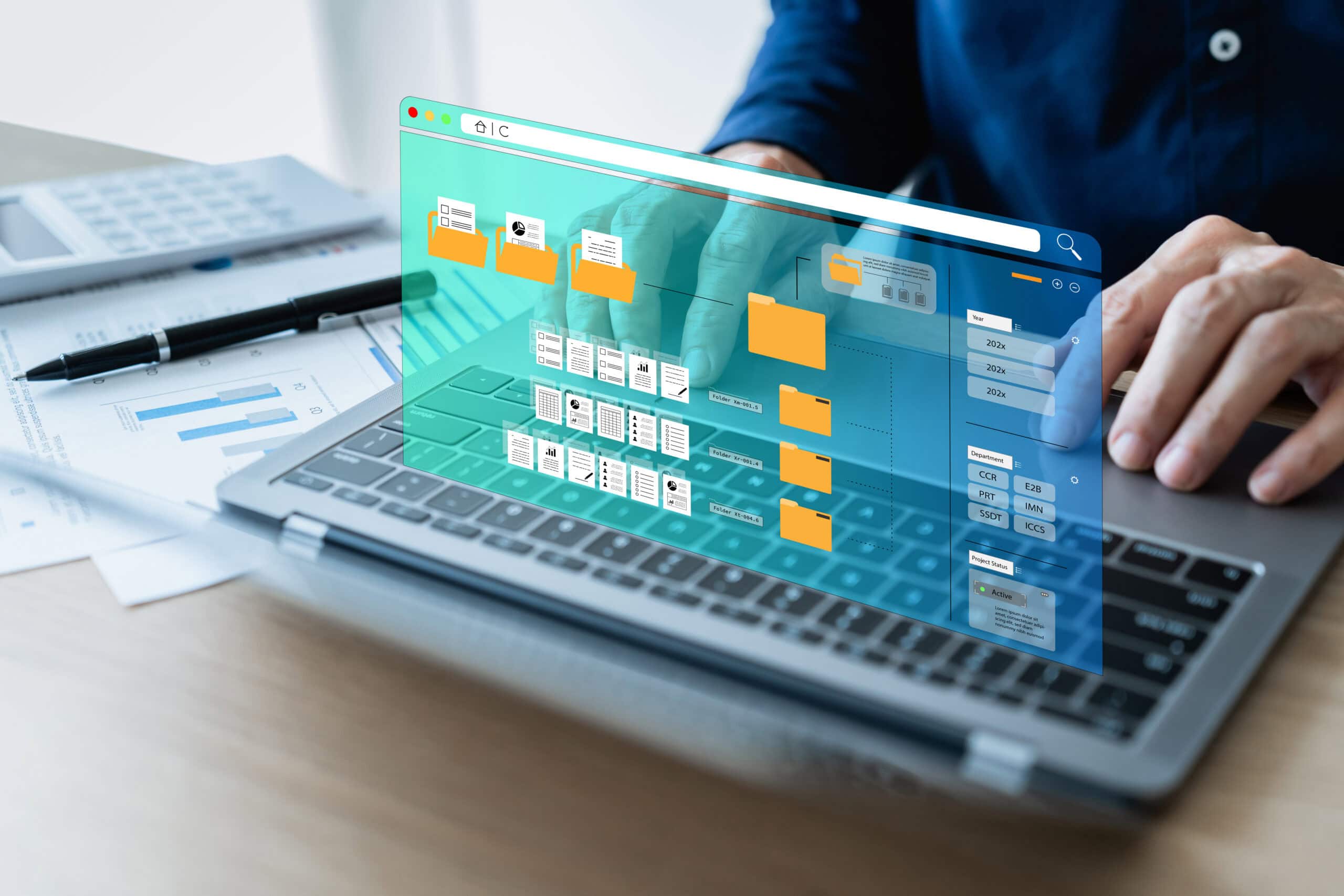 Digital Data Management and Organization | i3solutions Digital data management and organization on a laptop screen for IT solutions.