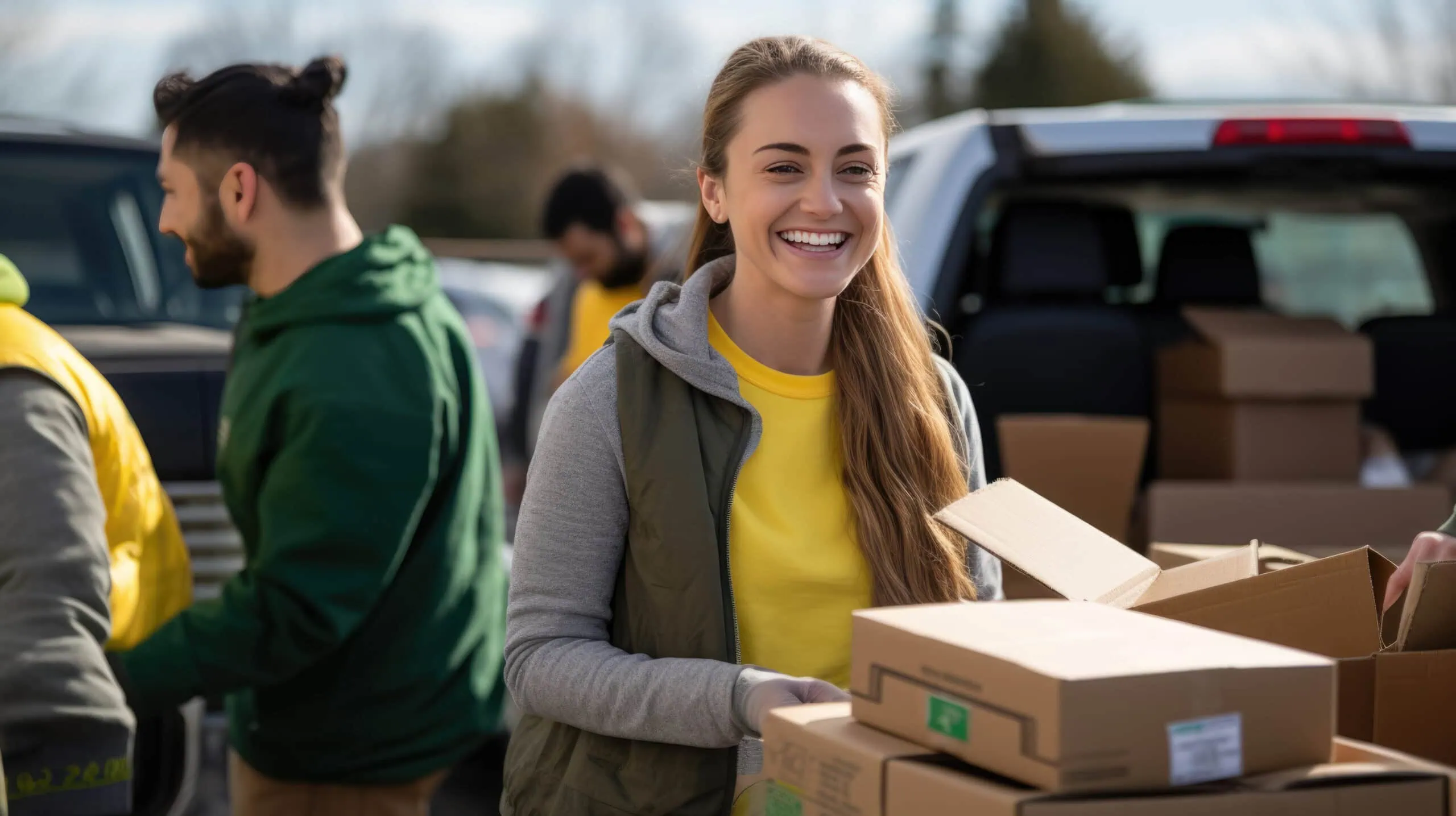 Smiling Woman Volunteering at a Food Drive | i3solutions Smiling woman volunteering at a food drive with boxes of supplies.
