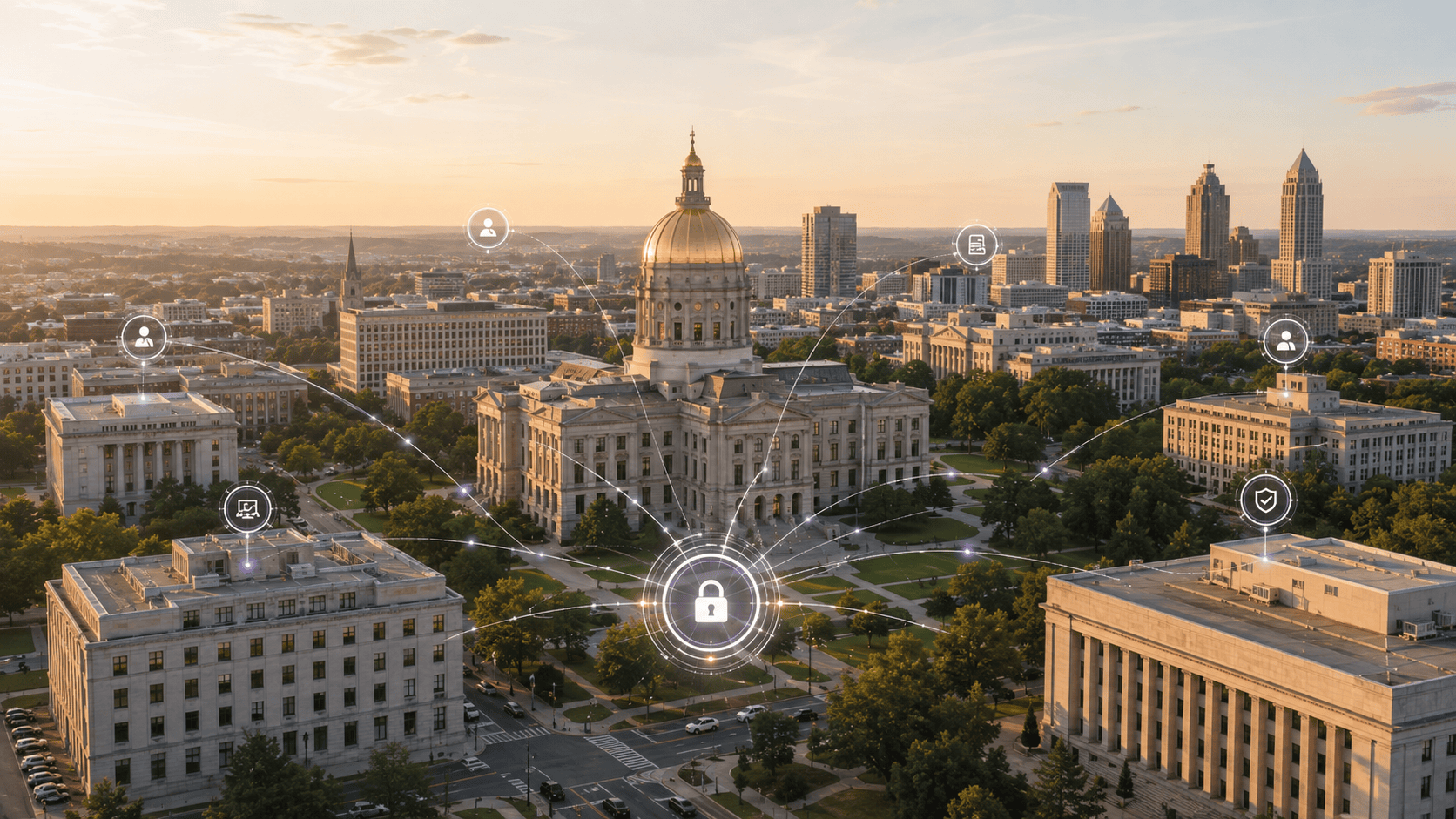 Downtown Atlanta skyline with state capitol building and digital security icons.