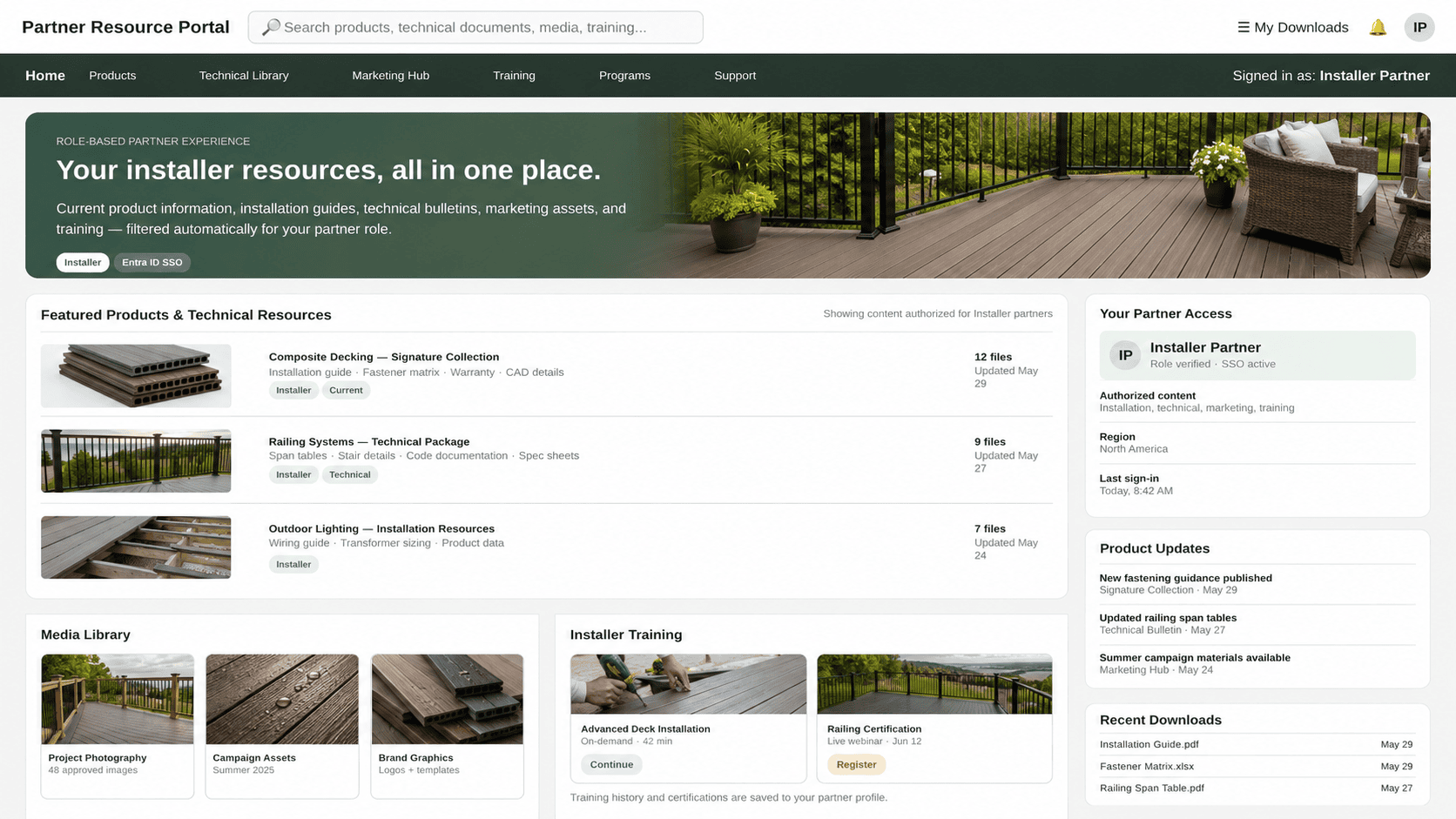 Screenshot of the partner resource portal showing featured products and role-based technical resources