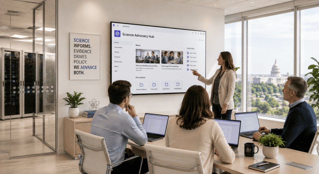 Team discussing data on a large digital screen in a bright office.